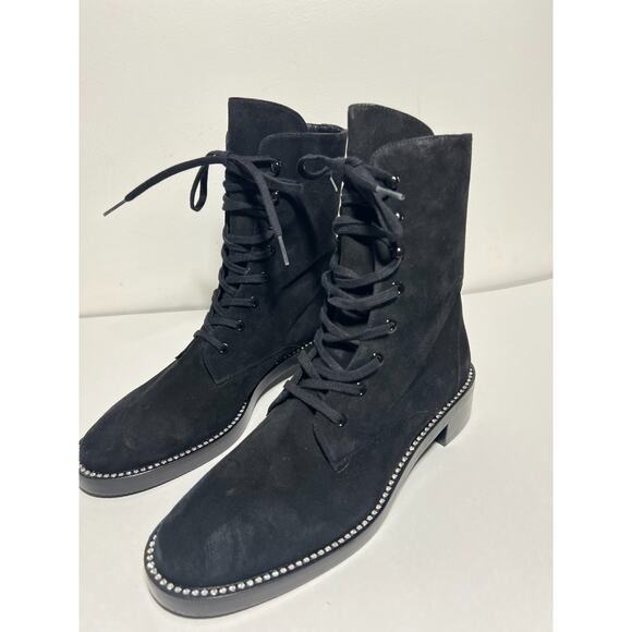 Stuart Weitzman LN Black Suede Sondra Shine Crystal Combat Lace Bootie 9.5 - Picture 3 of 7